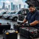 Fleet mechanic testing commercial vehicle batteries in a Houston service shop with multiple work trucks in the background.