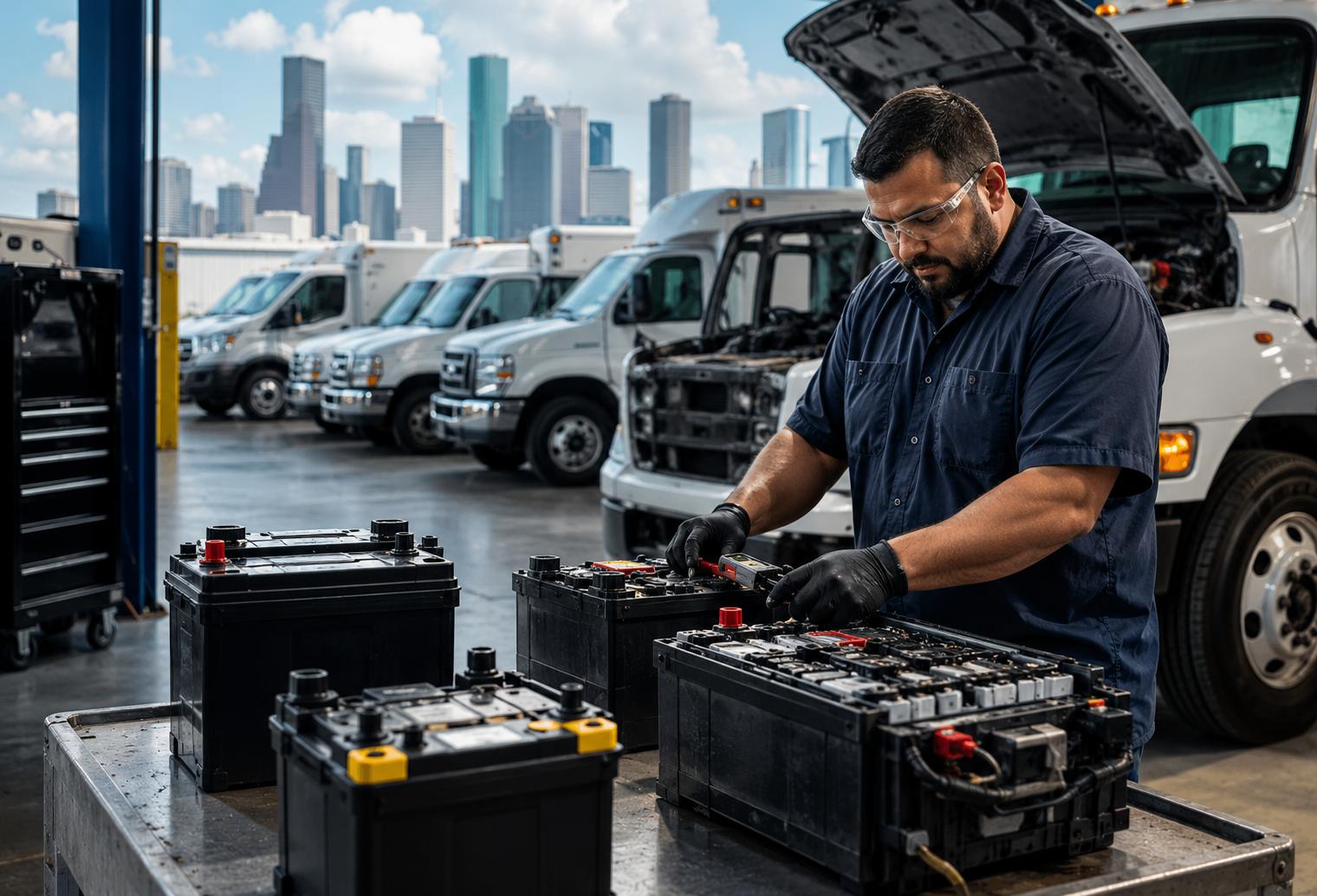 Fleet mechanic testing commercial vehicle batteries in a Houston service shop with multiple work trucks in the background.