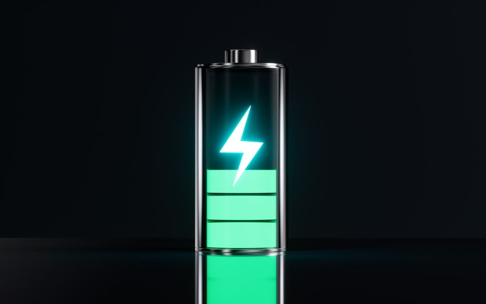 Battery,With,Half,Energy,And,Neon,Charge,Chart,,3d,Rendering.